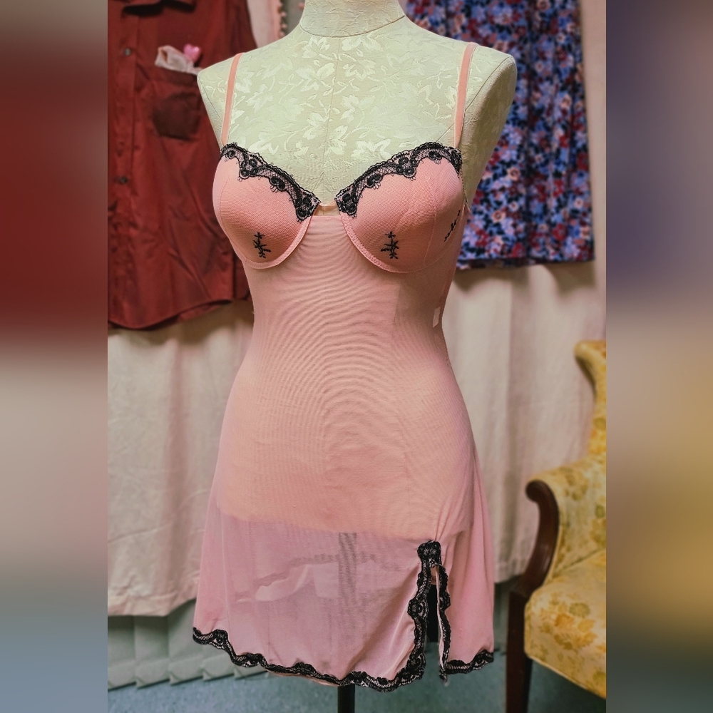 Adorable Sheer Pink and Black Lace Nightie